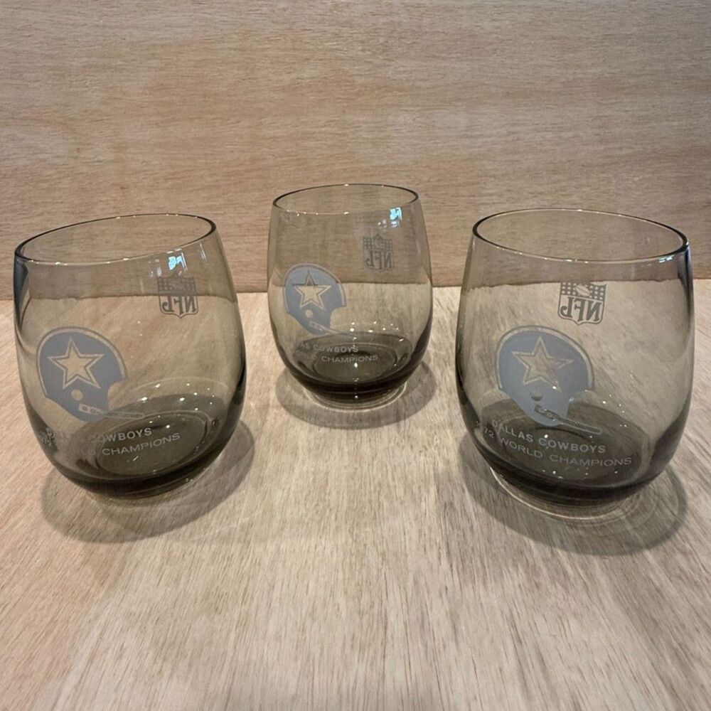 Vintage Dallas Cowboys 1972 World Champions Smoked Glass Tumblers Set of 3